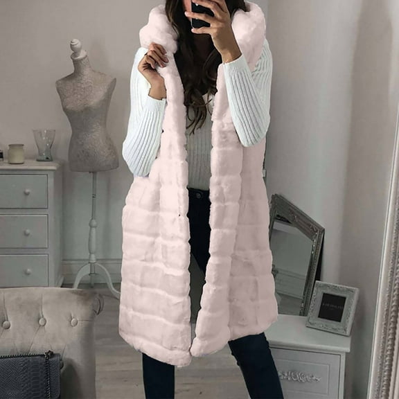Qetyuw Womens Faux Fur Vest Winter Mid Length Sleeveless Hooded Coat Gilet Full Zip Up Plus Size Casual Overcoat