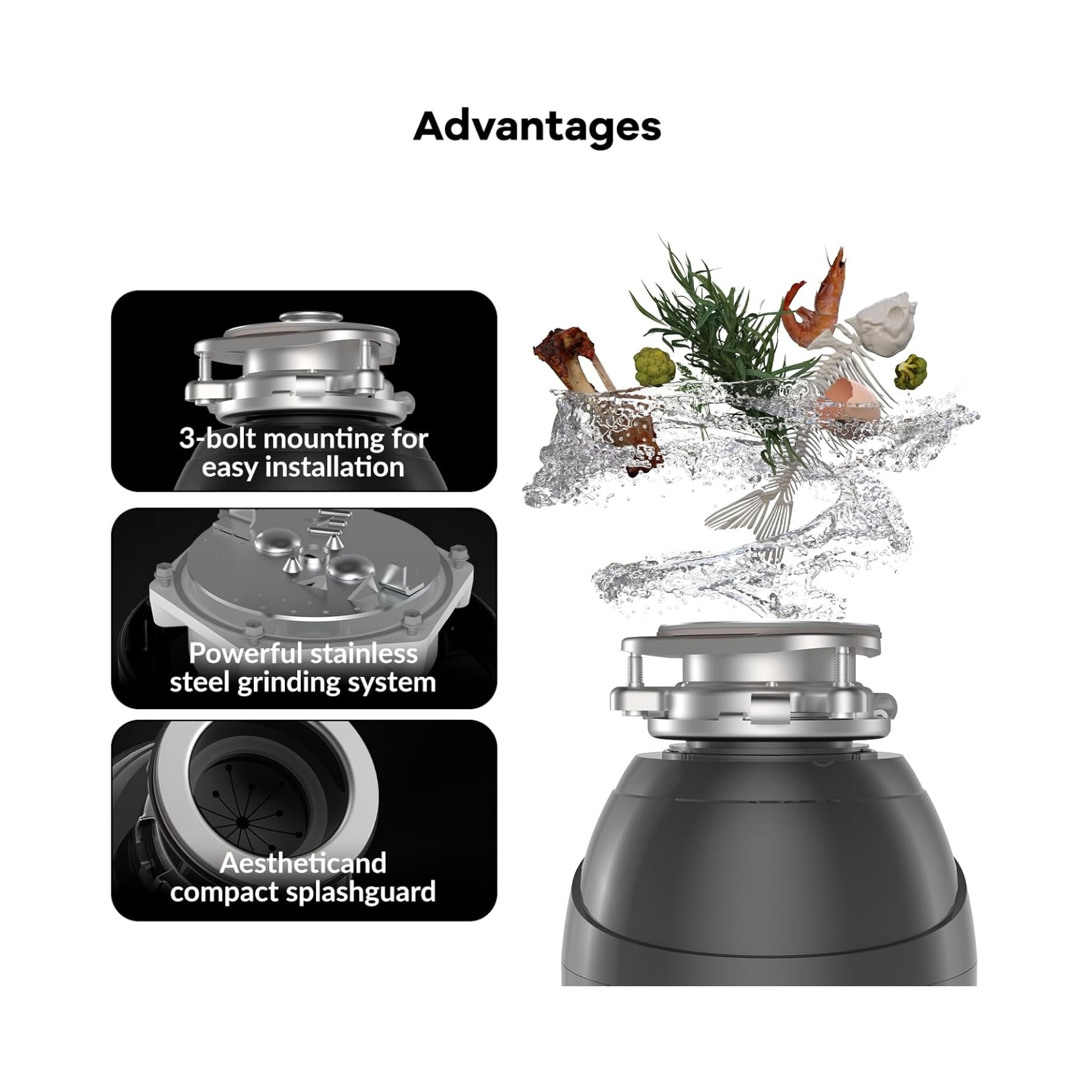 Home Kitchen Garbage Disposal 1 H P 1/2 H P 3/4 H P , Continuous Feed Food Waste Disposer with Air Switch & Flange Seal, Stainless Steel Garbage Disposer, Compact Food Waste Grinder for Kitchen Sink