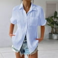 thumbnail image 4 of Women Button Down Short Sleeve Shirts Collared Textured Summer Blouse Casual Tops with Pockets Blue 5XL, 4 of 7