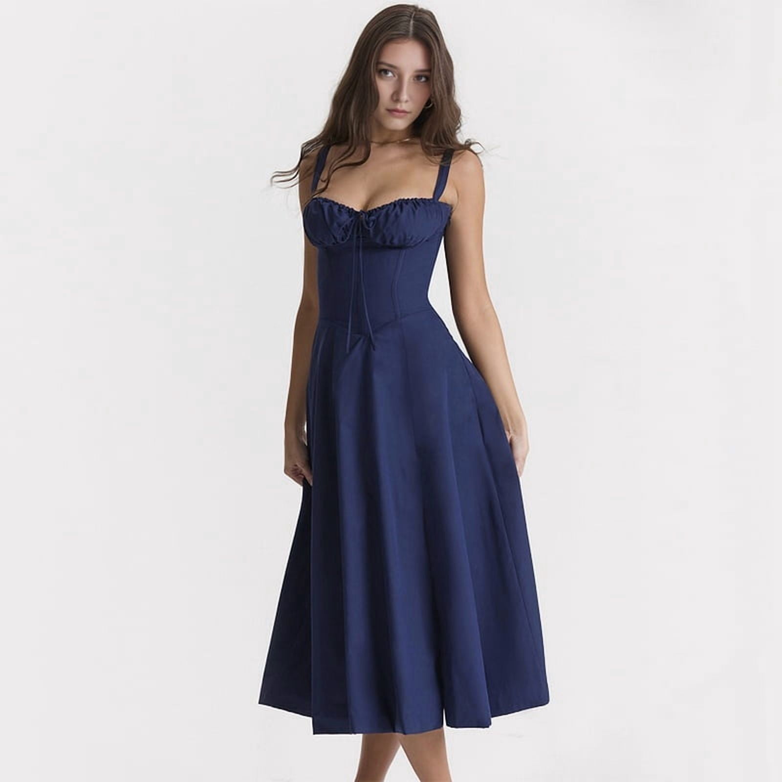 Women'S Summer Midi Corset Boho Dresses Casual Spaghetti Straps Lace Up Dress Flowy Aline Beach Sundress Navy Blue S