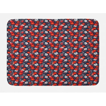 Spring Bath Mat, Colorful Blooming Petals Doodle Style Abstract Foliage Silhouettes, Non-Slip Plush Mat Bathroom Kitchen Laundry Room Decor, 29.5 X 17.5 Inches, Dark Blue Vermilion Yellow, Ambesonne