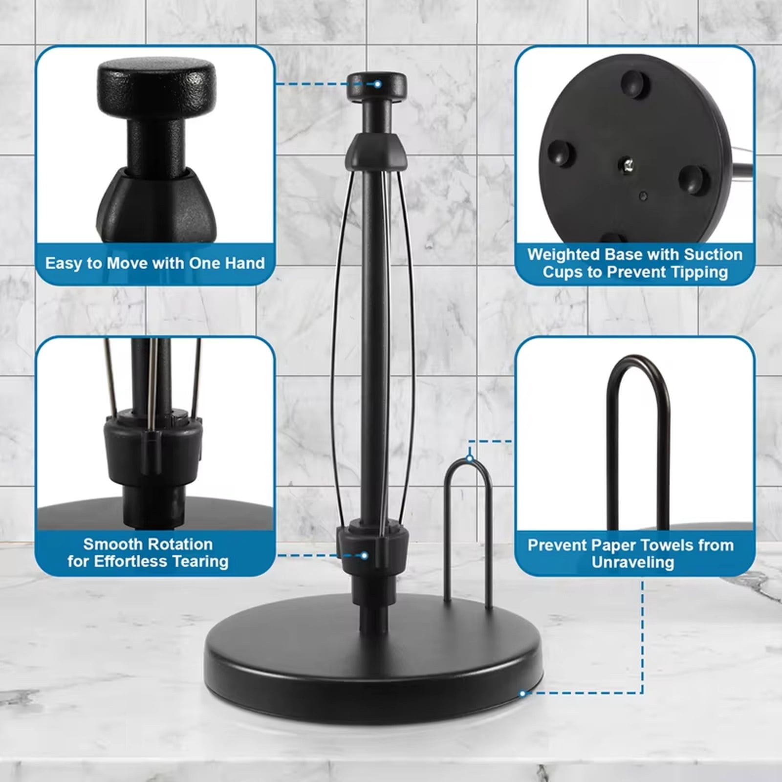 Paper Towel Holder Countertop, Freestanding Paper Towel Roll Holder with Weighted Base, Damped Stainless Steel Standing Papertowel Holder for Kitchen