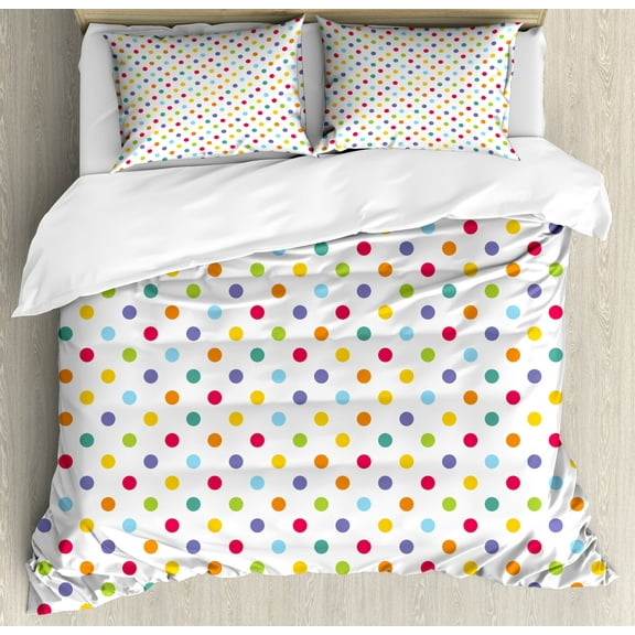 Abstract Duvet Cover Set, Colorful Polka Dots Round Circular Vintage Fashion Girls Feminine Design, Decorative 3 Piece Bedding Set with 2 Pillow Shams, King Size, Multicolor, by Ambesonne