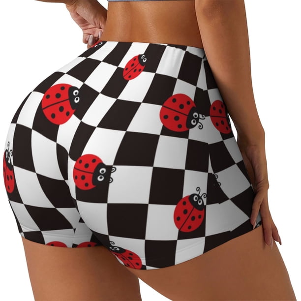Fotbe Ladybugs Of Black And White Checkers Shorts Sin Costuras – Shorts Deportivos de Cintura Alta para Mujer, Elásticos para Gimnasio, Yoga, Running o Ciclismo-X-Large