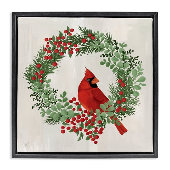 Stupell Industries Perched Cardinal Festive Wreath Black Framed Floater Canvas Wall Art, design by Cat Thurman Designs, 18 x 18