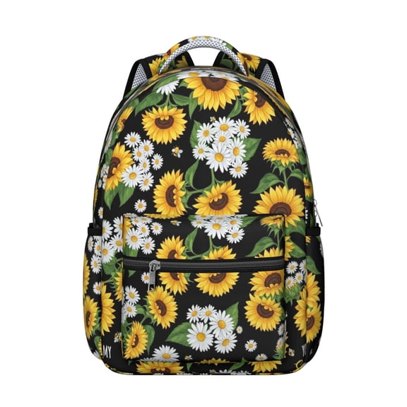 Sunflower and Text Black Pattern Backpack for School, Cute School Bag with Adjustable Shoulder Straps and Padded Back, 15.3"x11"x7.1"