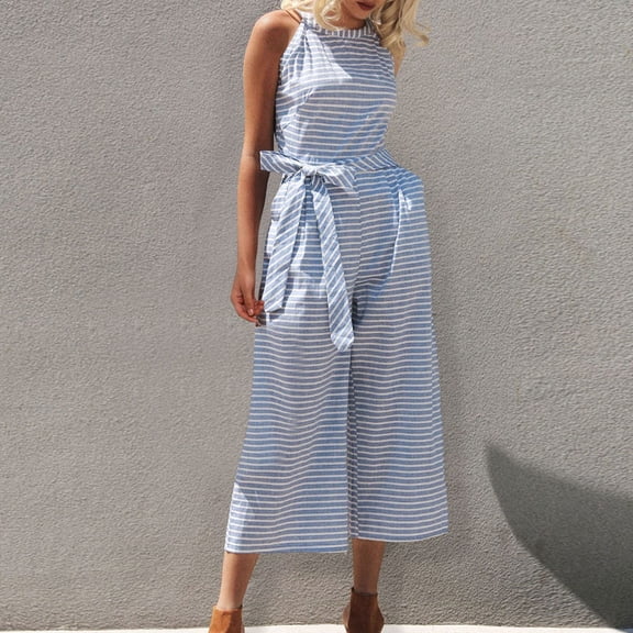 YFPWM Women Overalls Jumpsuit Baggy Wide Leg Jumpsuits Casual Loose Wide Leg Pant Knitted One Piece Bodysuit Summer Striped Print Sleeveless Round Neck Lace Straight Jumpsuit