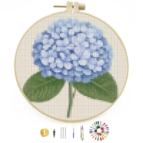 Hydrangea Flower Graphic Stamped Cross Stitch Kits for Beginners with Hoop Simple Patterns 11CT Counted Embroidery Needlepoint Crafts Arts for DIY Enthusiasts and Home Decor 26x26cm(4)