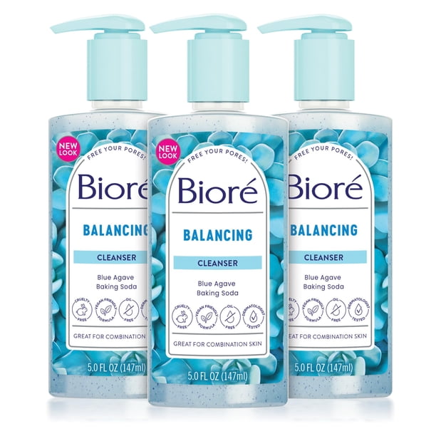 Bioré Daily Blue Agave + Baking Soda Face Wash, Balancing Pore Facial Cleanser for Combination Skin, to Penetrate Pores & Gently Exfoliate Skin, 6.77 Ounce (Pack of 3) White