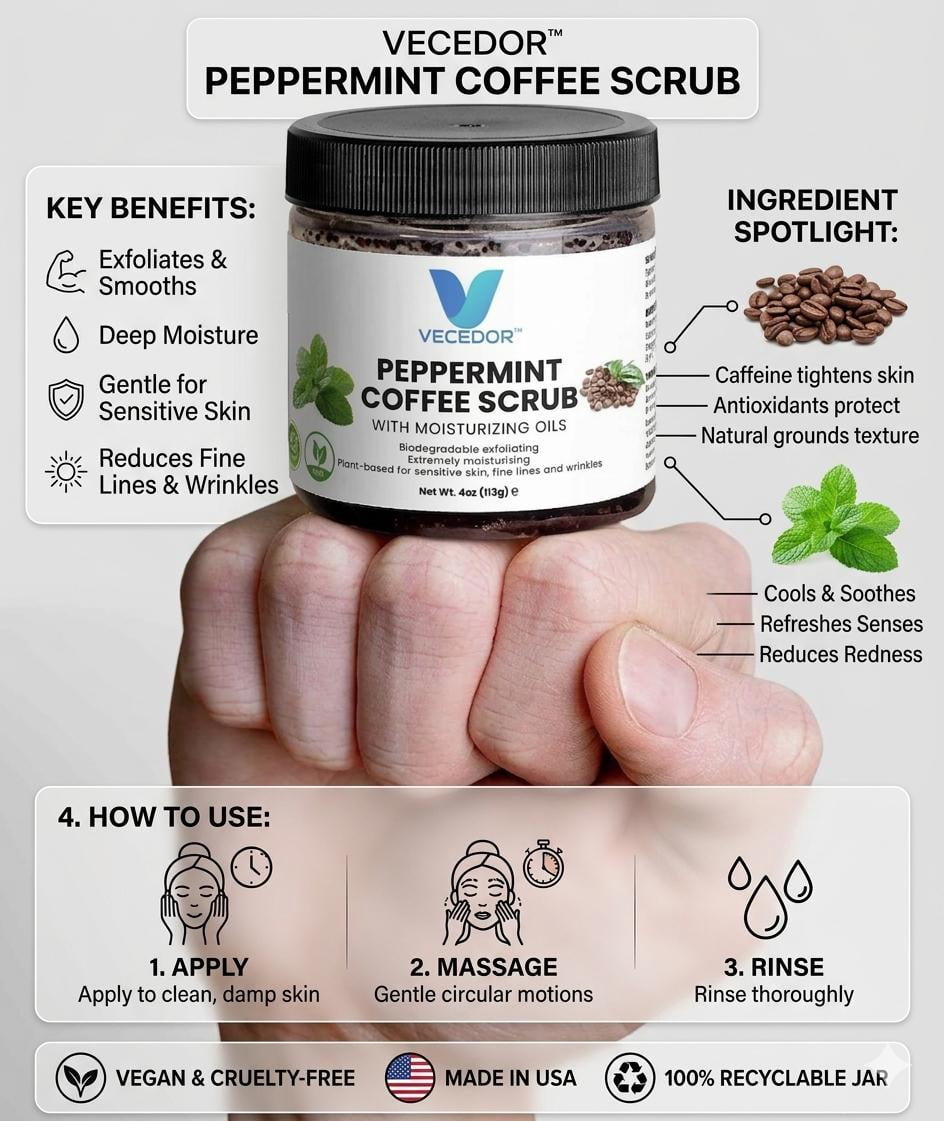 VECEDOR Peppermint Coffee Scrub – Exfoliating Body  Face Scrub for Smooth, Glowing Skin – Natural Moisturizing  Cellulite Care, 4oz