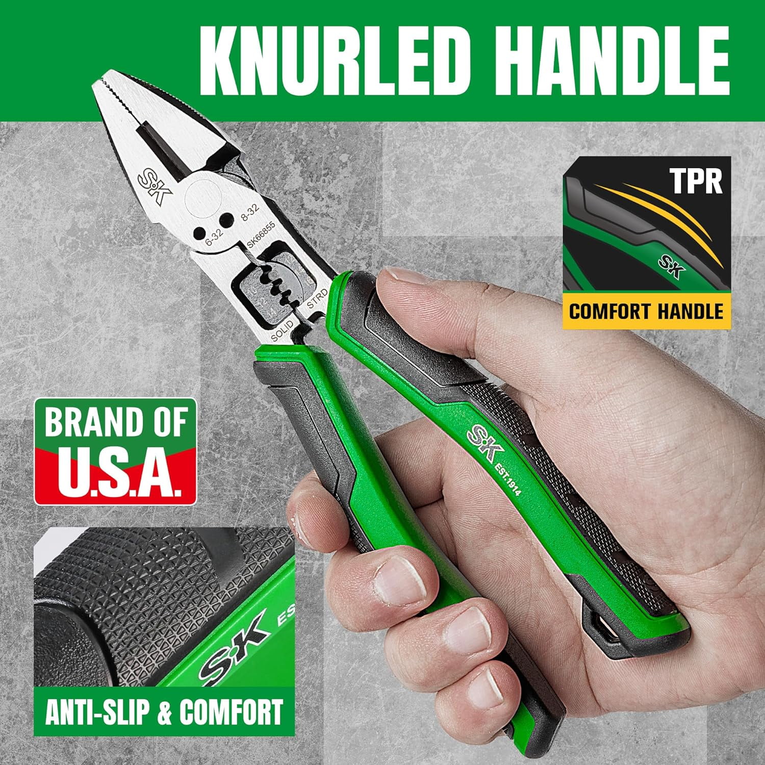 SK 8-Inch Multi-use Linesman Pliers, 6 IN 1, Premium CR-V Steel Construction, Ergonomic Non-slip Handle for Comfortable Grip