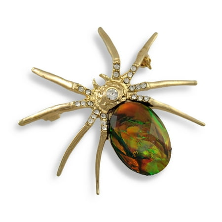 Opalescent Rhinestone Accented Goldtone Spider Brooch Pin