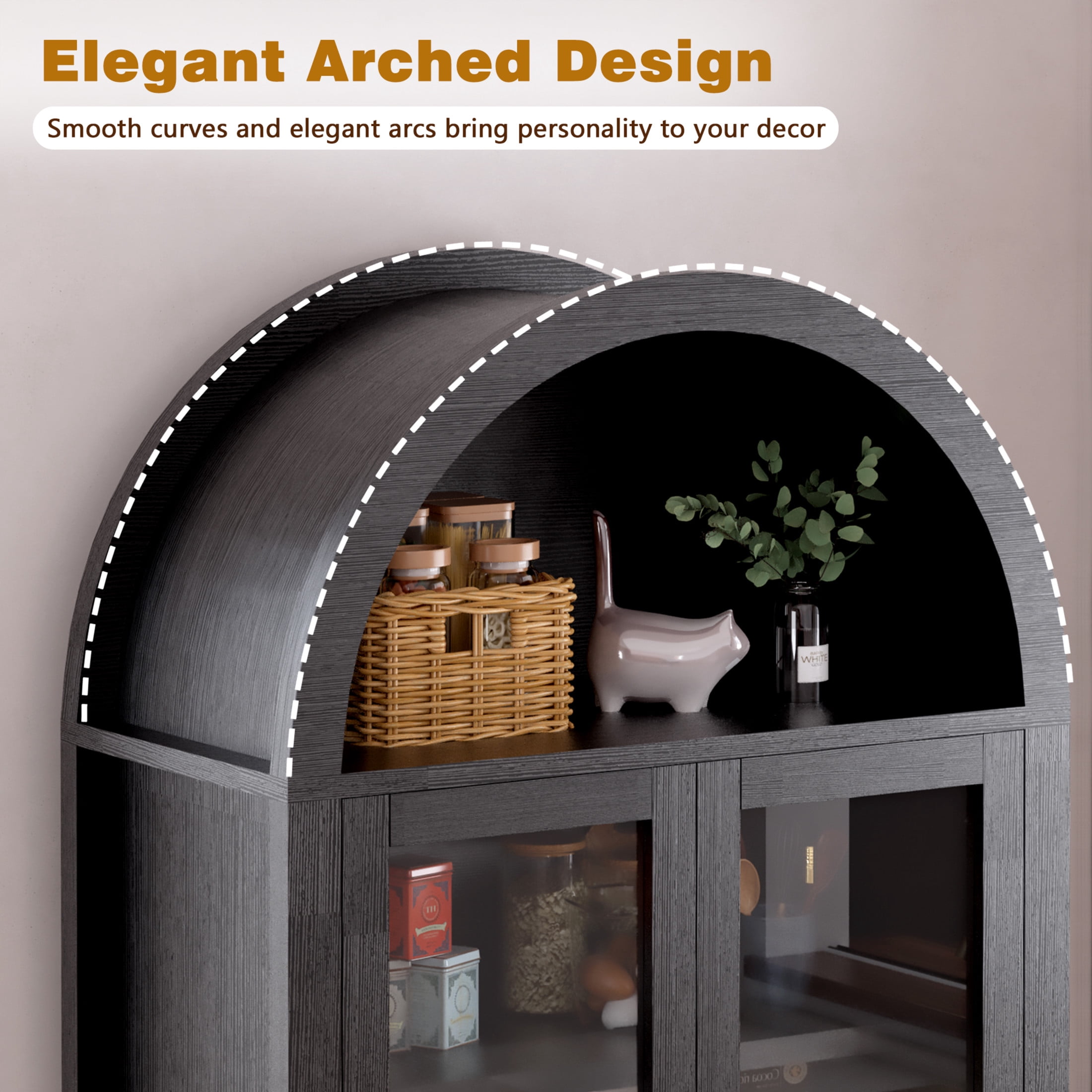 Noble House 71" Fluted Arched Pantry Cabinet with Adjustable Shelves, Hidden Drawer and Built-In Racks, Black