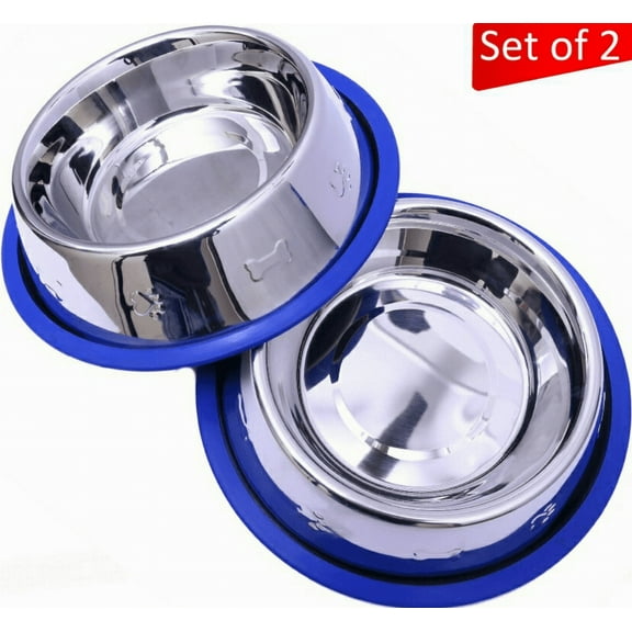 Set of 2 Etched Stainless Steel Dog Bowls with Blue Silicone Base
