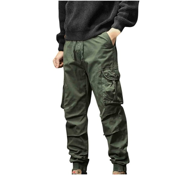 Ndbuld Men's Joggers, Lightweight Lounge Pants Men's Fashion Casual Solid Color Cargo Zipper Pockets Elastic Waist Full Length Pants Army Green,4XL