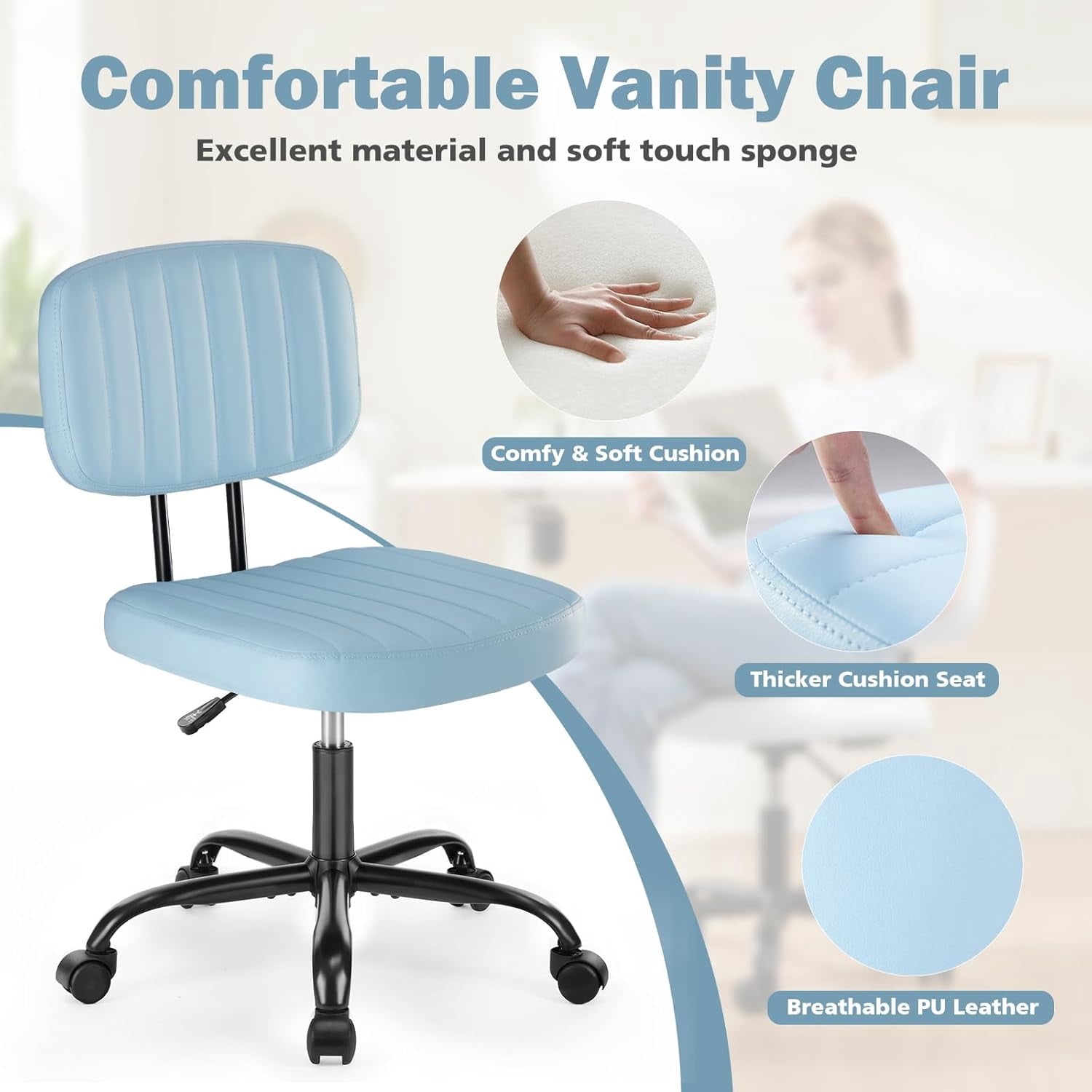 Armless Office Desk Chair with Wheels, Adjustable Height 360° Rolling Swivel Lumbar Support Low-Back Computer Chair, PU Leather, Blue