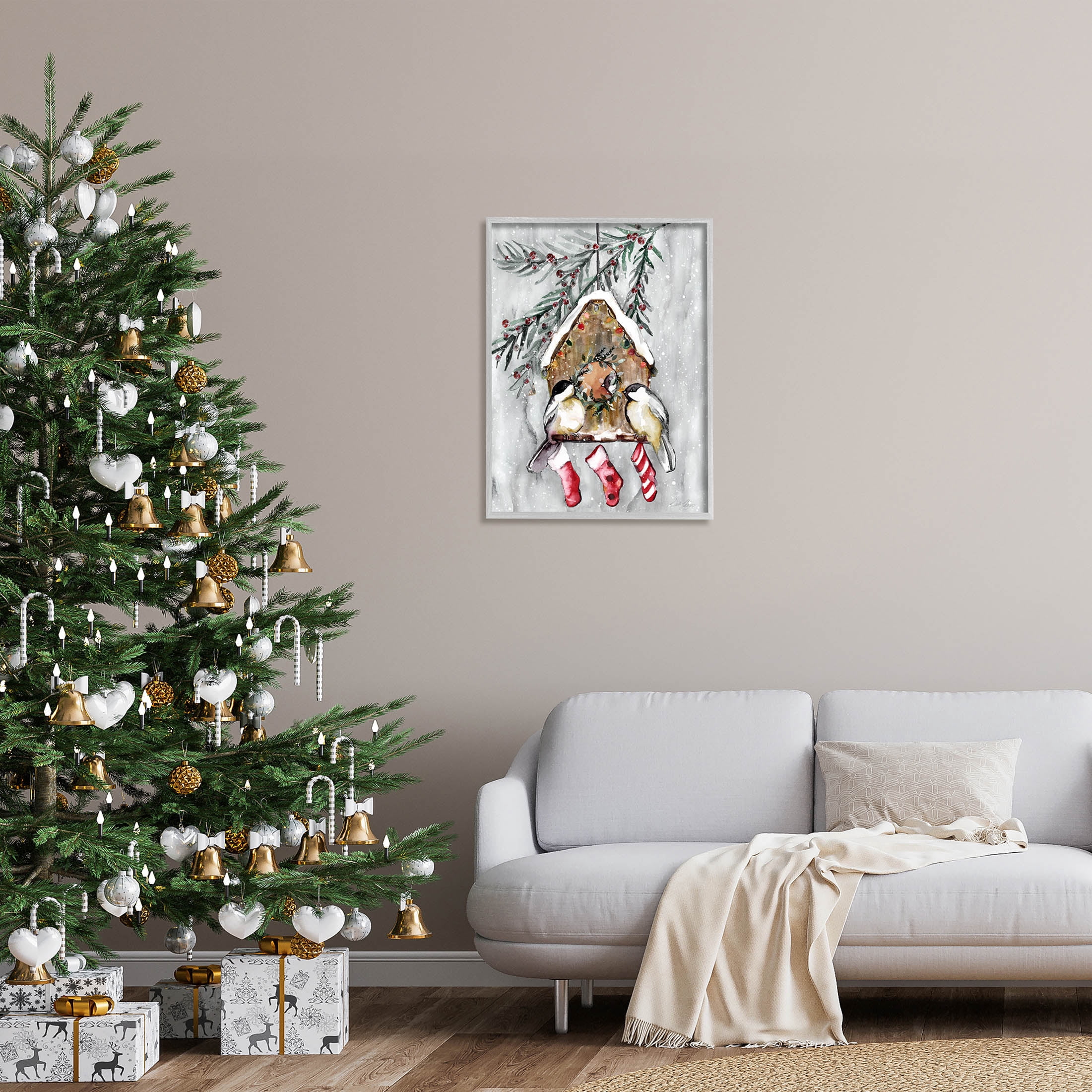 Stupell Industries Holiday Stockings Birdhouse Perched Graphic Art Gray Framed Art Print Wall Art, Design by Stella Chang