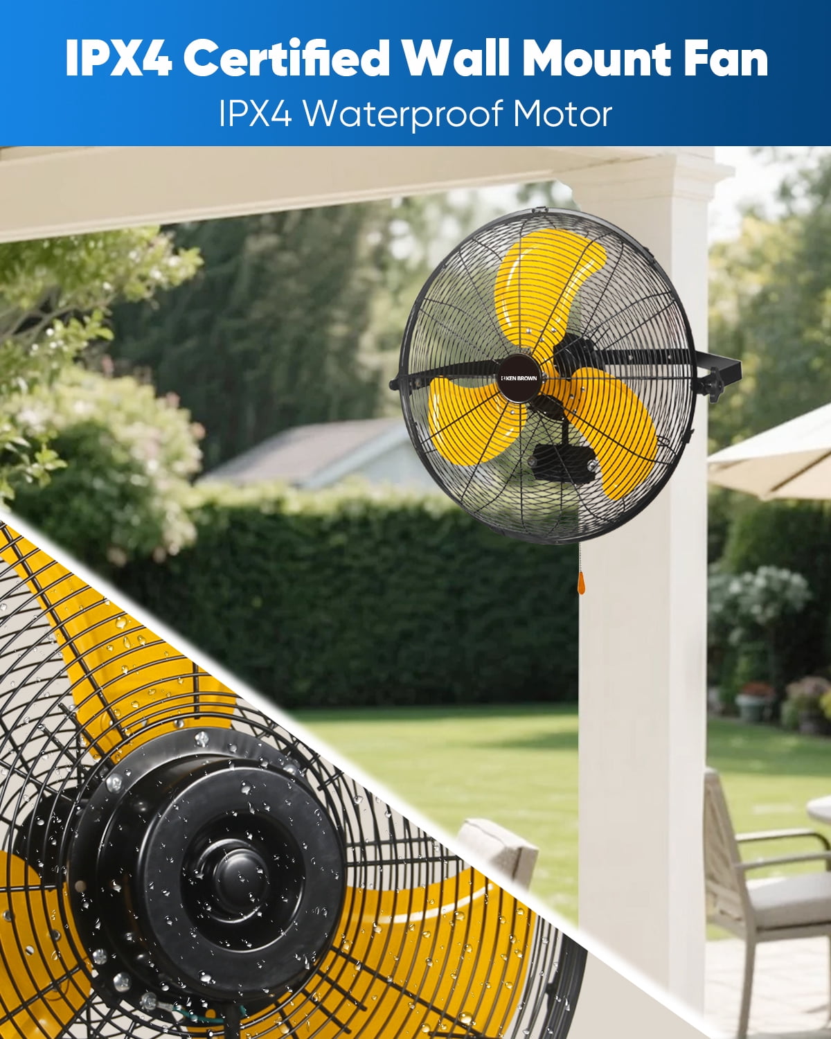 Ken Brown 20"  Waterproof Wall Mount Fan High Velocity 4650 CFM Industrial Grade, 3-Speed, IPX4 Waterproof, for Garage, Warehouse, Patio
