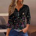 thumbnail image 2 of WTOBBY Women's 3/4 Sleeve Retro Floral Print V-Neck T-Shirt, Casual Button-Accented Blouse with Relaxed Fit for Spring Outings,Black L, 2 of 5
