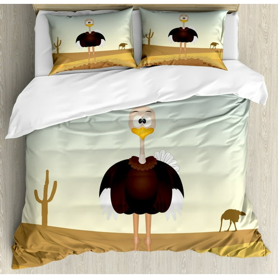 Ostrich Duvet Cover Set Queen Size, Front Portrait Illustration of a Creature in a Deserted Setting, Decorative 3 Piece Bedding Set with 2 Pillow Shams, Pale Brown and Multicolor, by Ambesonne