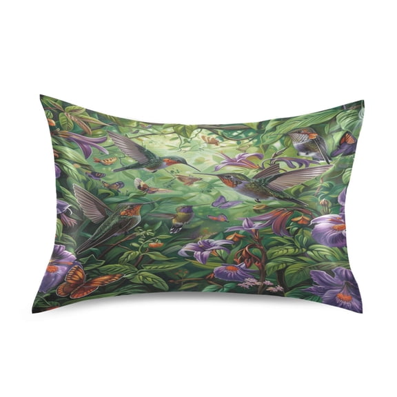 Satin Pillow Case Standard Silk Pillow Cover for Hair and Skin Envelope Closure Hummingbirds Dance in Leaves 20"x26"