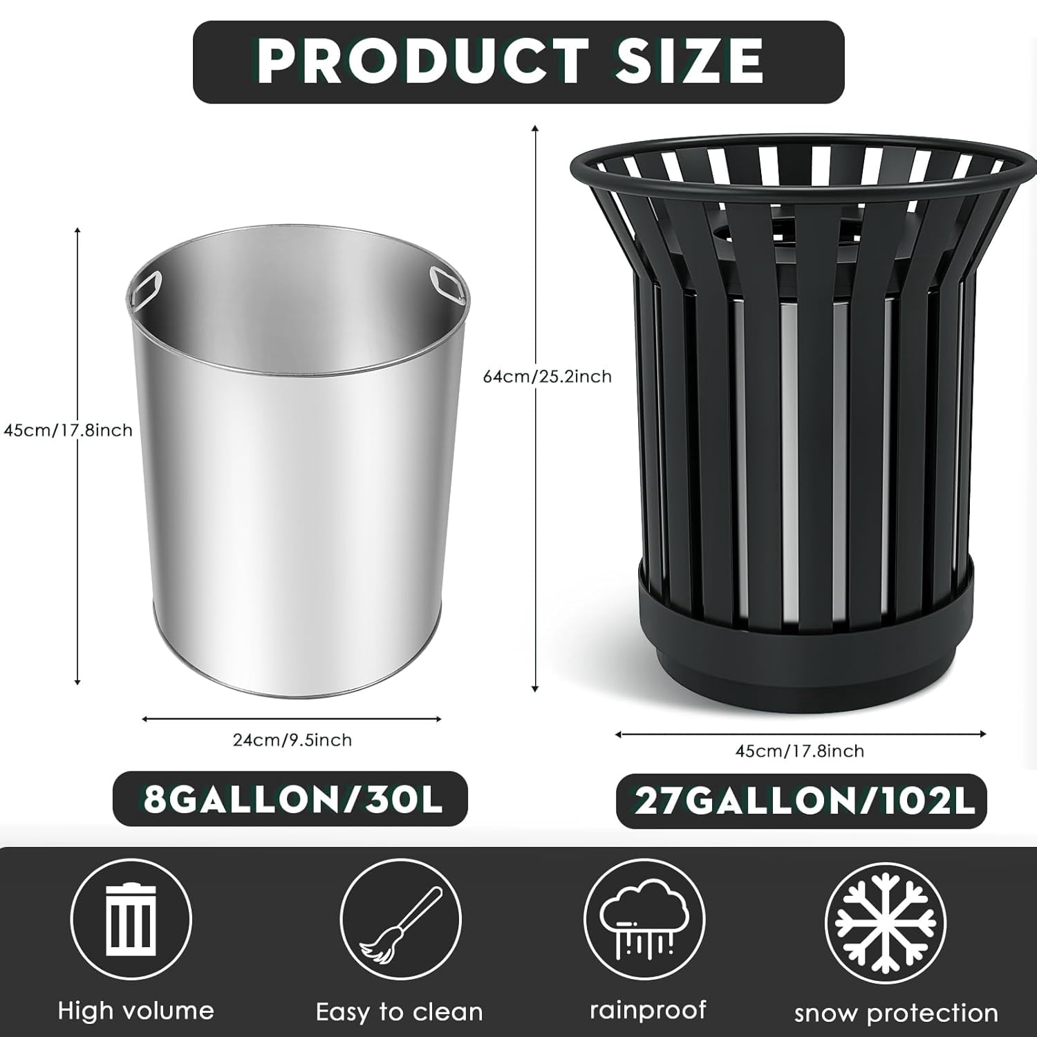 Gaonala Outdoor Metal Slatted Trash Can 30 - 52 Gallon Commercial Grade with Removable Inner Bin Waste Receptacle in Park School Beach Patio(Black)