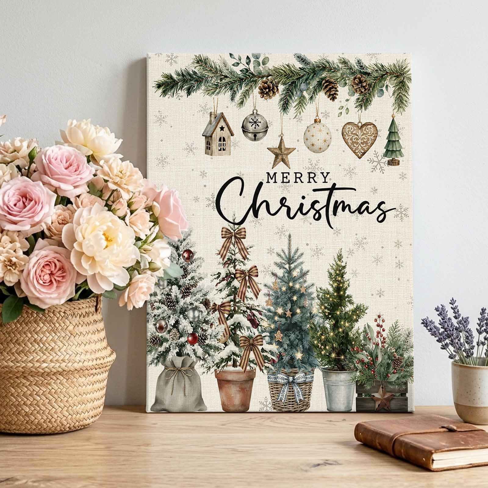 Merry Christmas Canvas Wall Art Winter Rustic Green Pine Trees Snow Linen Texture Pictures Wall Decor Wooden Framed Artwork Art Prints for Living Room Hallway Bedroom Office 24 x32
