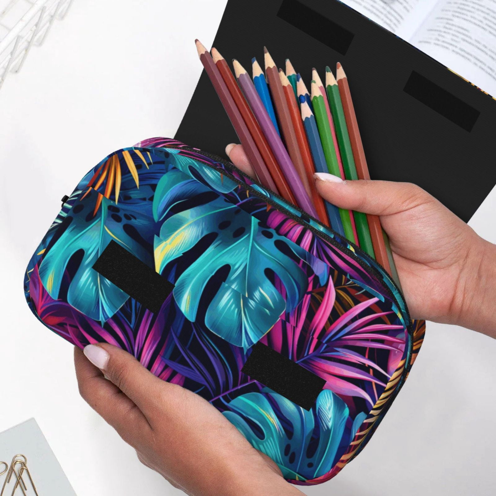 Rateoe Colorful Tropical Leaves Pattern Double Clamshell Pen Case, Storage Organizer with Two Zipper Compartments– Holds Up to 50 Pencils & Pens