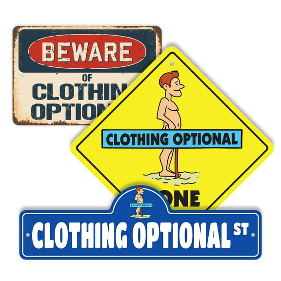 Clothing Optional (3 Pack) Plastic Street Sign Crossing Sign Warning Sign Vintage Rustic Beware Warning Xing Funny Humor Decor Joke Gag Pool Beach Spa Freedom Relax