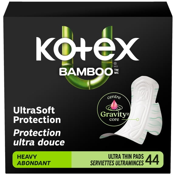Serviettes ultraminces Kotex Bamboo avec ailes, absorption élevée, 44 unités