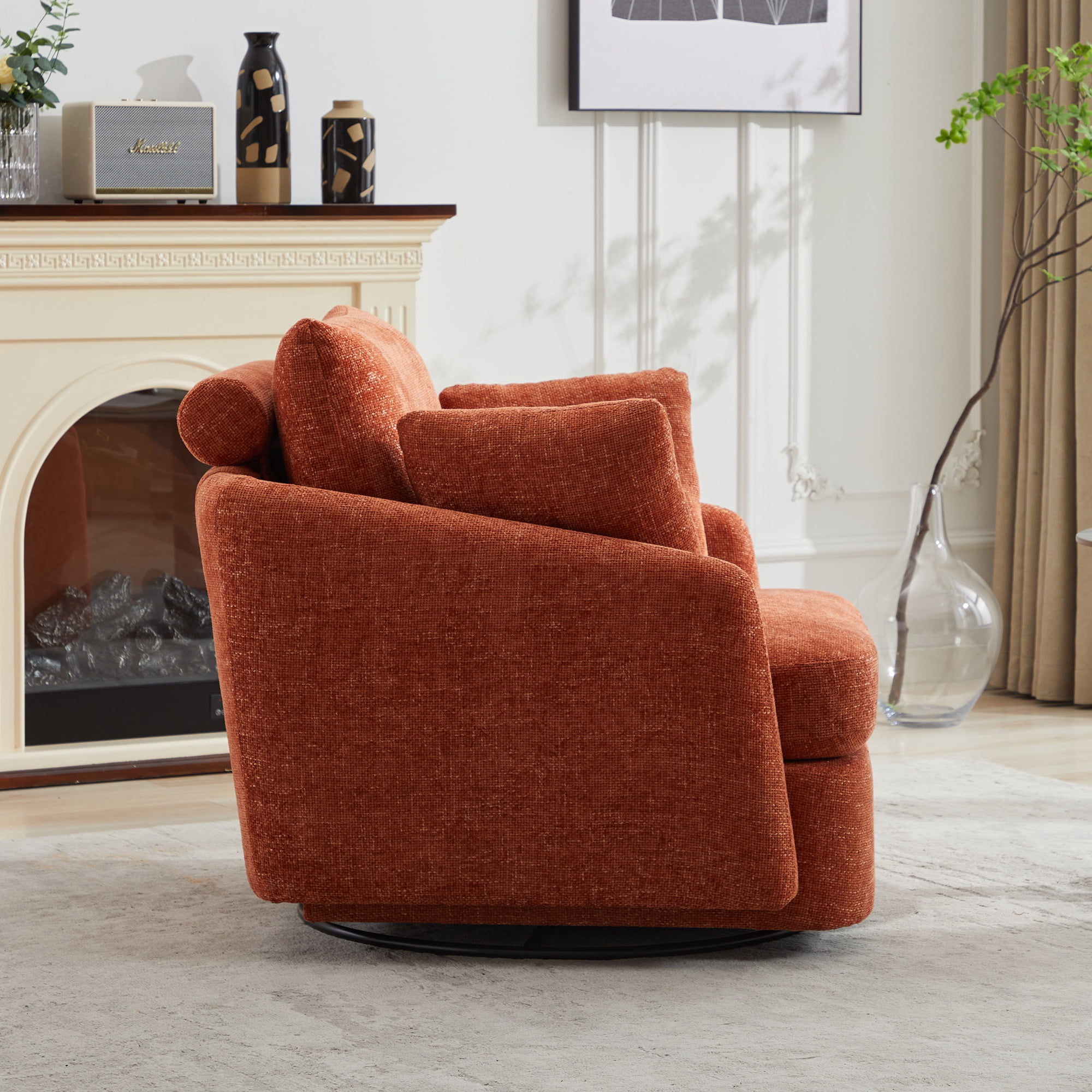 PORKISS Swivel Accent Chair, Modern Barrel Chair with 2 Thorw Pillows, Oversized Comfy Round Armchair Reading Chair, Comfy Chair for Bedroom Living Room, Orange