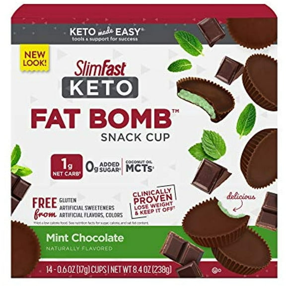 Slimfast Keto Fat Bomb Snack Cup, Mint Chocolate, Keto Snacks For Weight Loss, Low Carb With 0G Added Sugar, 14 Count Box