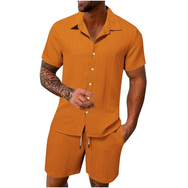 NTACZA Cotton Linen Men Shorts Set Short Sleeve Tracksuits Mens Lapel Button Down Sweatsuits XL