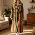 thumbnail image 4 of Virmaxy Striped Plush Bathrobe Women Long Sleeve Fleece Robe with Pockets Belted Housecoat Warm Winter Spa Loungewear Dressing Gown Army Green, 4 of 6