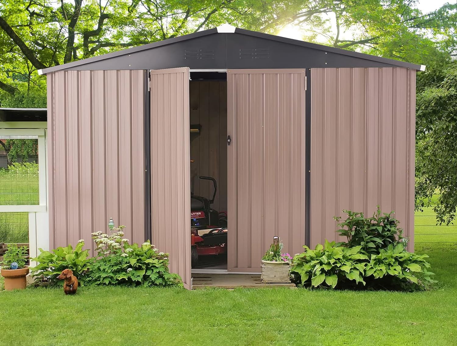 YODOLLA 10' x 8' Outdoor Metal Storage Shed in Brown Patio Storage Building with Lockable Door for Garden, Backyard