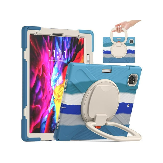 iPad Pro 12.9 Case 2022 2021 6th 5th Generation, Shockproof Cover with Pencil Holder and Rotating Kickstand Hand Strap / Shoulder Strap