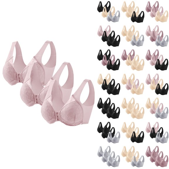Gymayou 3 Pack Women Front Closure Wireless Lace Bra hin Breathable Full Coverage Beauty Back Bralette Wide Comfort Strap No Underwire Everyday Lingerie Beige L