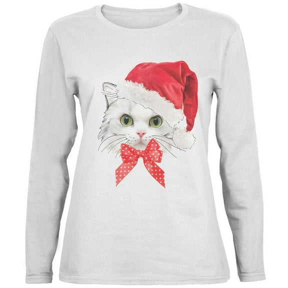 Christmas Cat White Womens Long Sleeve T-Shirt