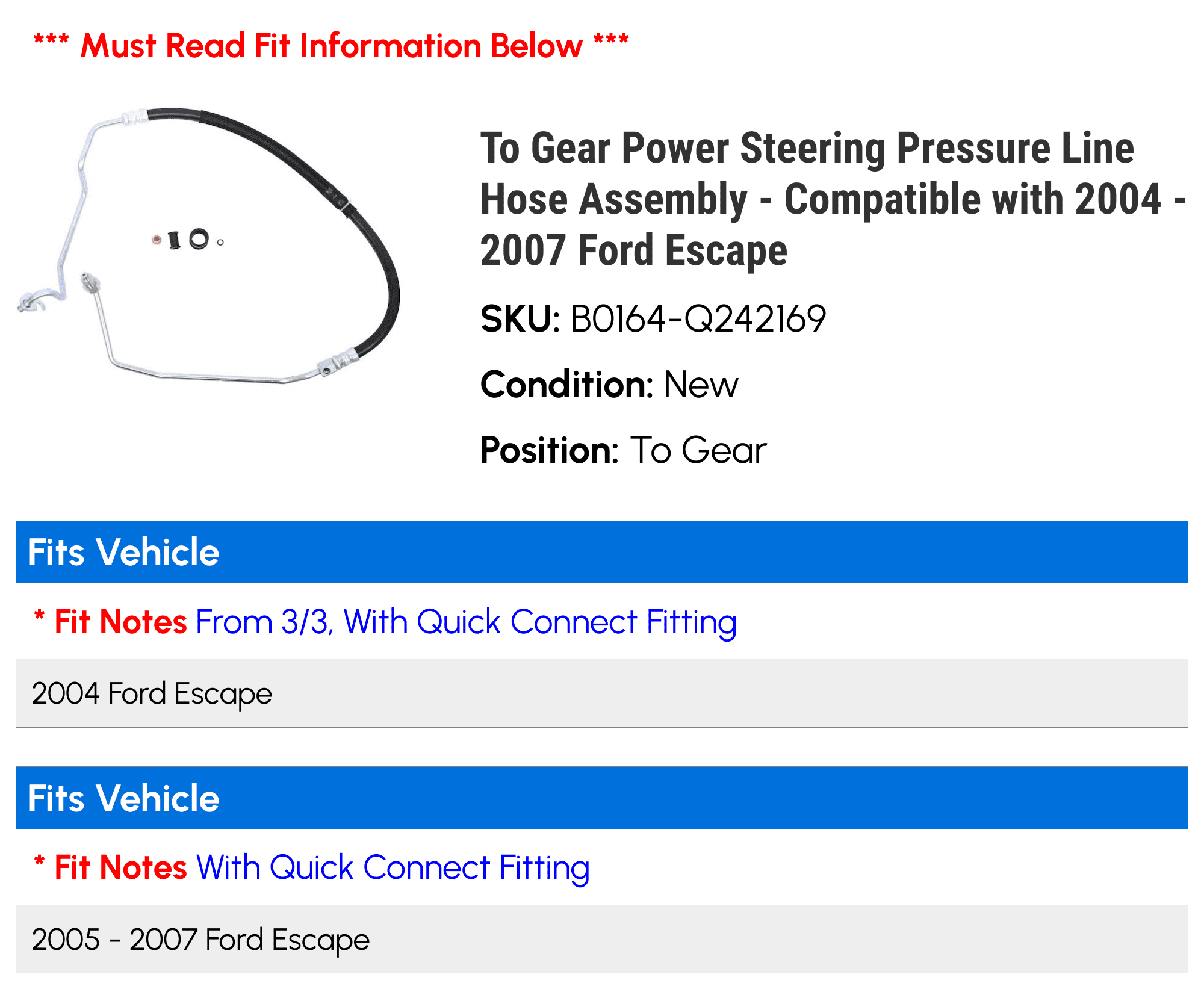 To Gear Power Steering Pressure Line Hose Assembly - Compatible with 2004 - 2007 Ford Escape 2005 2006