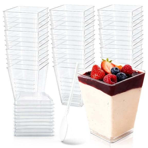 50-Pack 5oz Dessert Cups with Lids, Plastic Parfait/Pudding Cups, Small Plastic Containers with Spoons, Reusable Jello Cups for Yogurt, Fruit, Cake