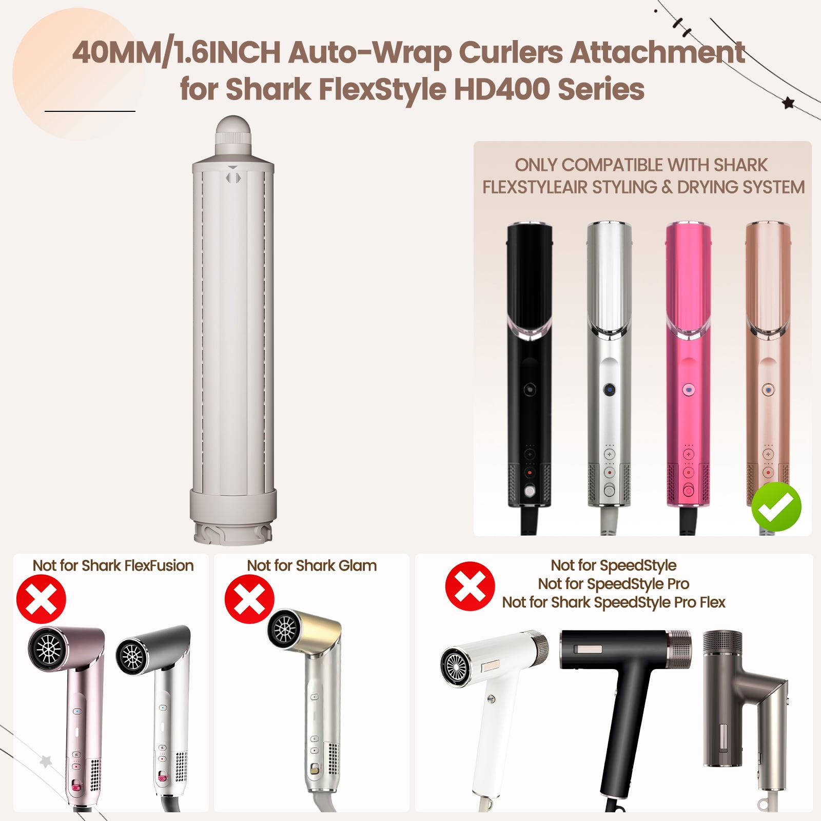 AFDD 40MM Long Hair Curling Barrel Attachment Compatible with Shark Flex Style 1.6 Inch Automatic Curling Attachment