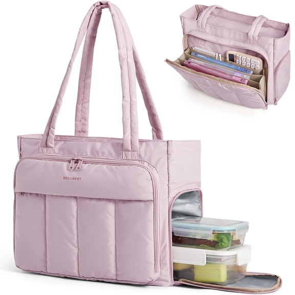BAGSMART Tote Bag for Women, Teacher Tote with Insulated Compartment, Large Puffer Work Tote Handbags for Work, Pink