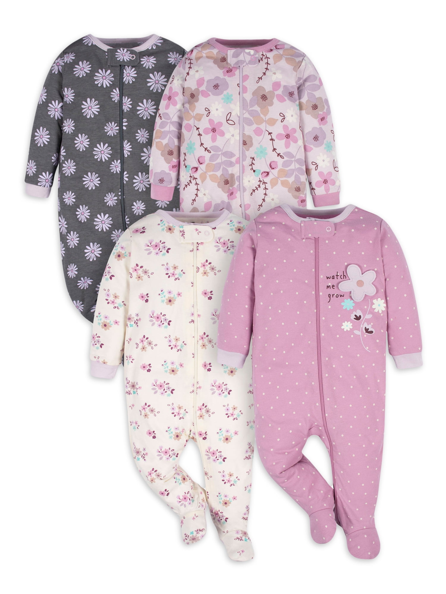 Gerber Baby Girl Sleep 'n Play Footed Pajamas, 4Pack (0/3 Months 6/9
