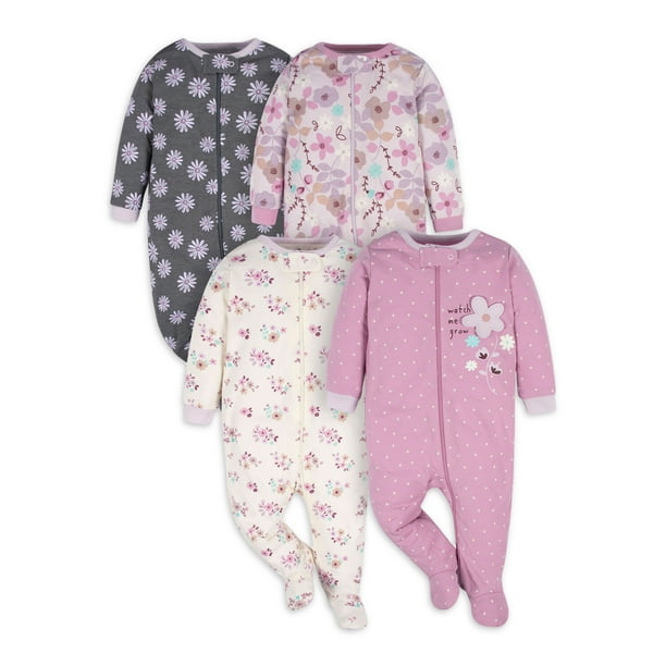 Gerber Baby Girl Sleep 'n Play Footed Pajamas, 4Pack (0/3 Months 6/9