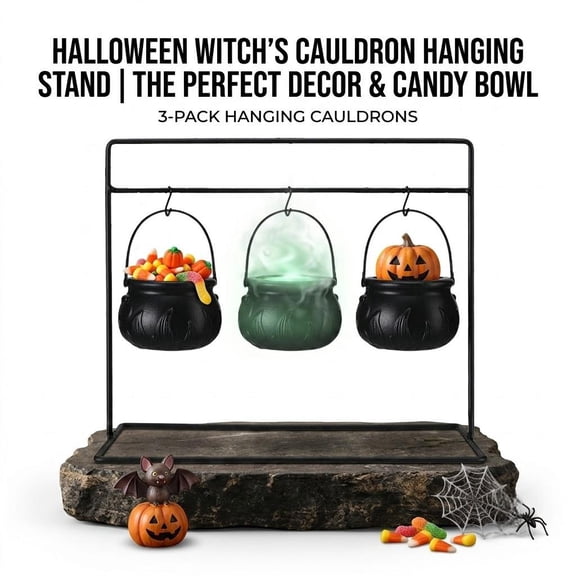Yujia 3 Pcs Halloween Witch Cauldrons with Stand, Black Hanging Pots for Candy Serving, Tiered Tray Decor, Kitchen Table Centerpiece for Festival Party Supplies