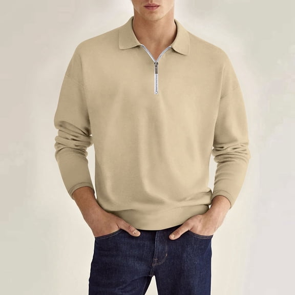 JIANJIA Mens Polo Shirts Autumn Winter Solid Color Lapel Zipper Long Sleeve Loose Fashion Tops Daily-Wear