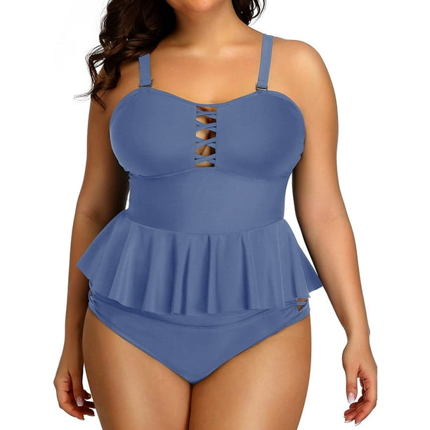 Yonique Plus Size Swimsuits for Women Tummy Control Two Piece Bathing Suits Peplum Tankini Tops High Waisted Swimwear
