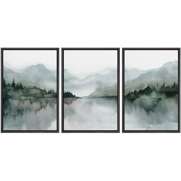 IDEA4WALL Framed Canvas Print Wall Art Set of 3 Misty Mountain & Lake View Illustration Print Watercolor Abstract Forest Serene Modern Digital Art Minimal Chic for Home Decor - Black 16"x24"x3