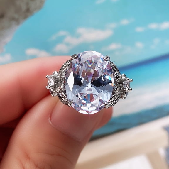 Fashion Jewelry Genuine Women's 925 Sterling Silver Ring Oval Cut Shiny Huge Solitaire  Crystal Diamond Butterfly Ring Engagement Wedding Party Band Ring Size 6-10