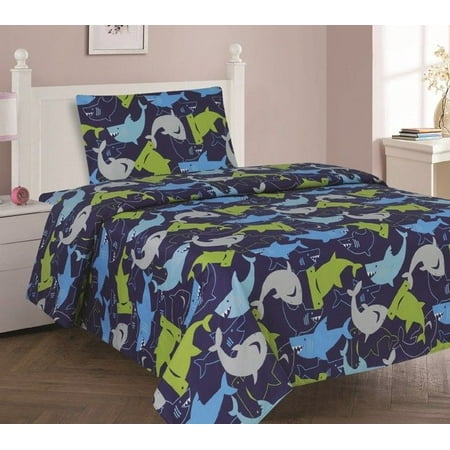 - SHARK BLUE Twin Size 3-Piece Kids Printed Microfiber Bedding Sheet Set 1 Flat Sheet, 1 Fitted Sheet, and 1 Pillowcase